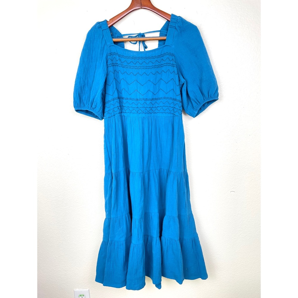 Dress Sz M Peasant Cotton Cottage Coquette Smocked Tiered Puff Sleeve Midi Boho